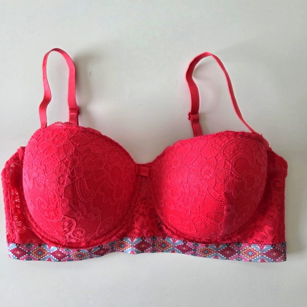 NWOT Black Fuchsia By Secret‎ Lace 34D Push Up Bra Pink Aztec Extra Wide Band